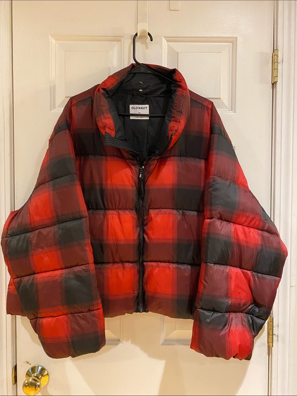 Old Navy Black and Red Puffer Jacket with Blue Logo Tag